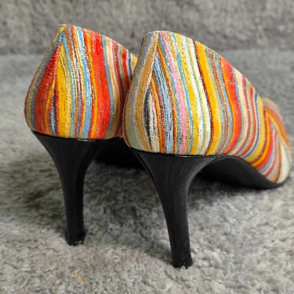 Torta‎ Caliente Pumps Gold Orange Teal Striped Pointed Toe Heels Womens 10M NEW